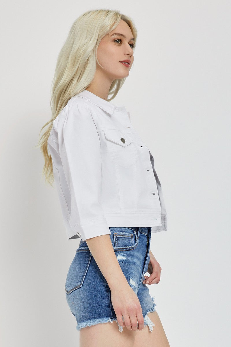 Shirring Sleeve Crop Denim Jacket