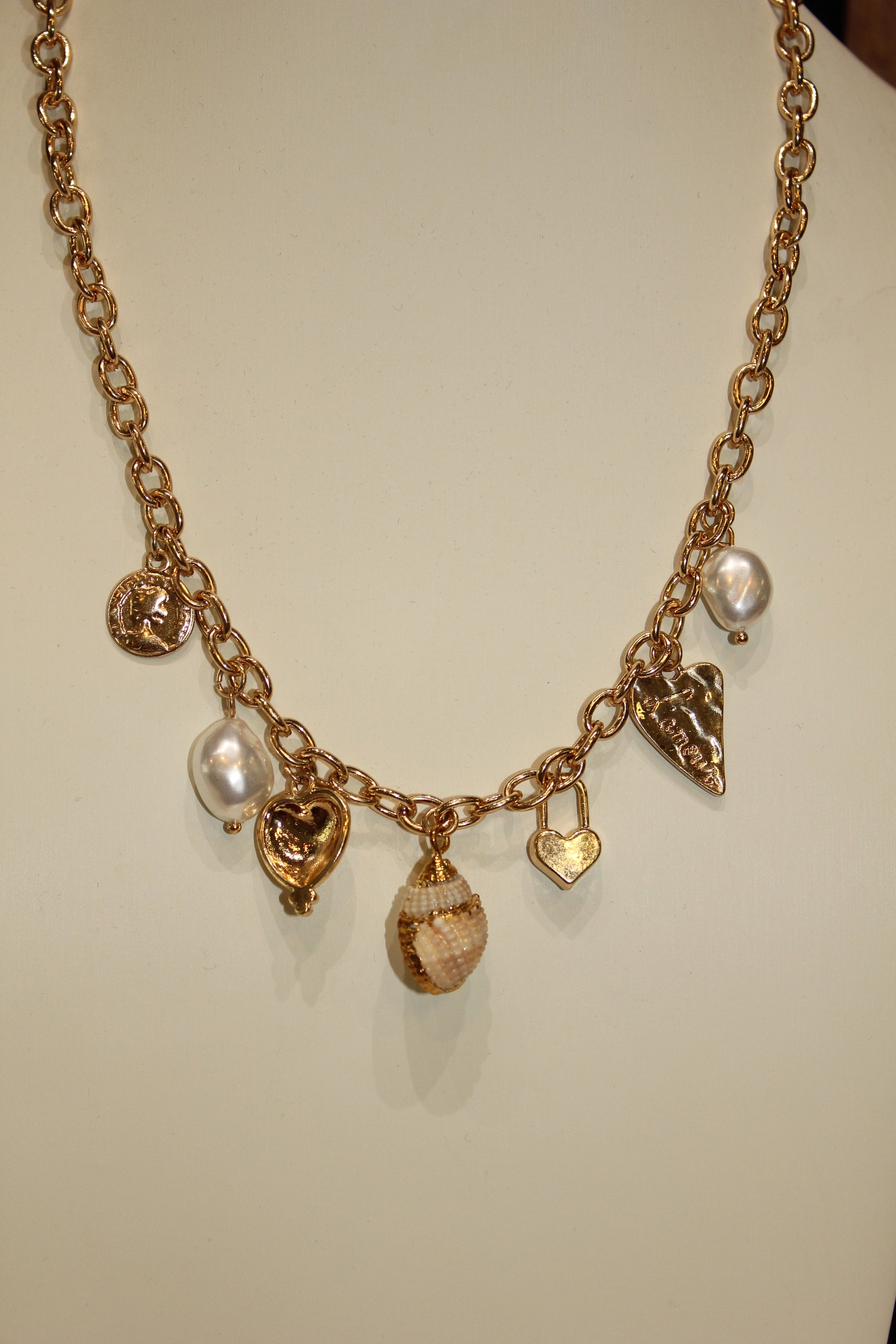 Gold Pearl Coastal Charm Necklace