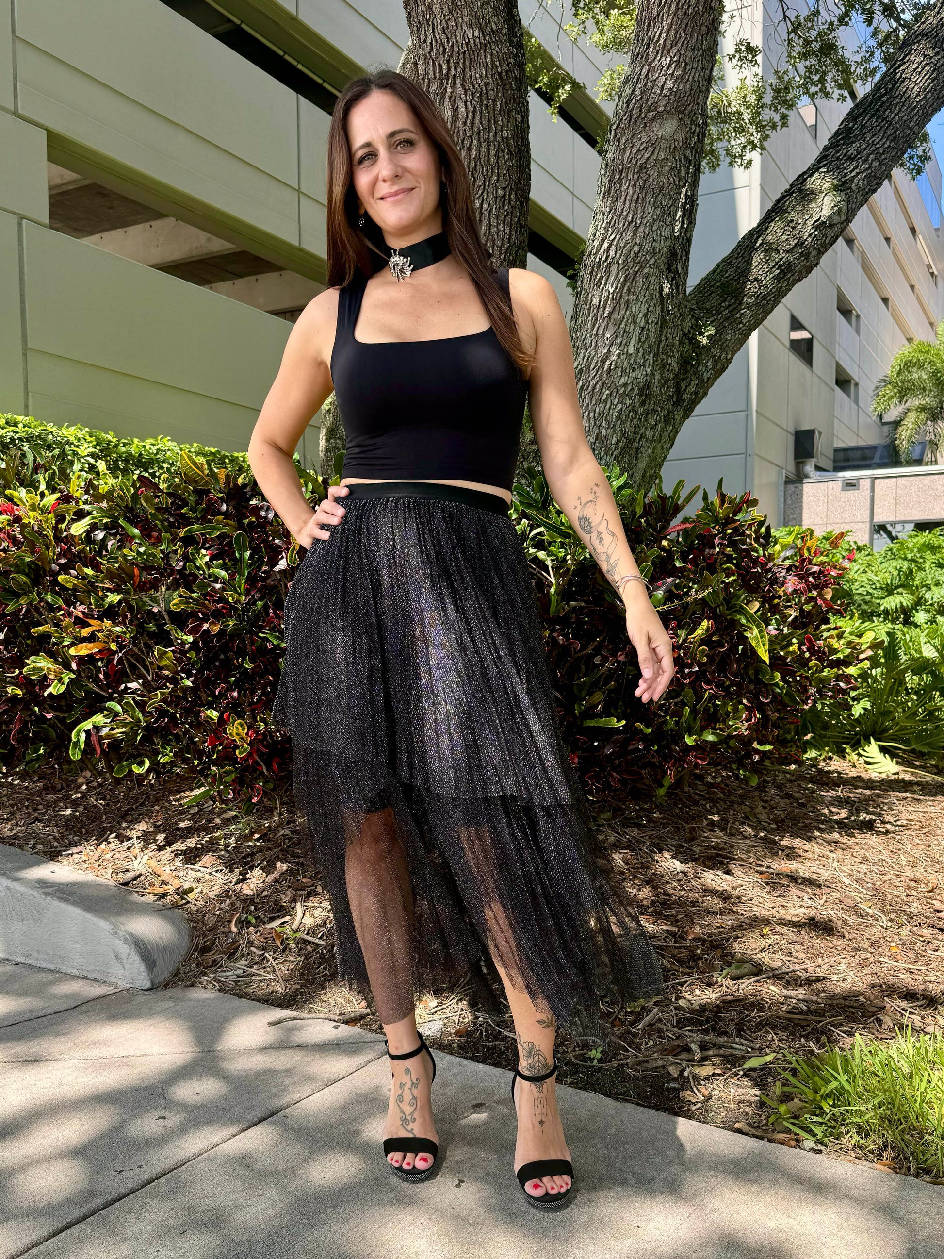 Metallic Mesh Pleated Skirt