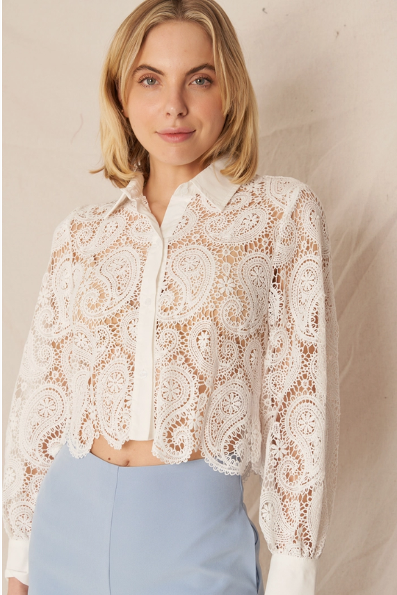 Long Sleeve Paisley Lace Button Down Top