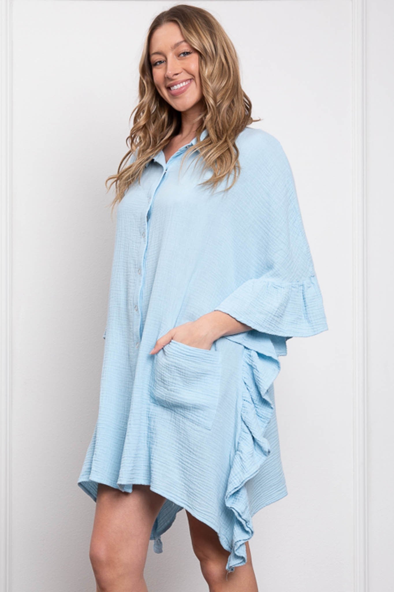 Short Ruffle Sleeve Detail Button Down Shirt