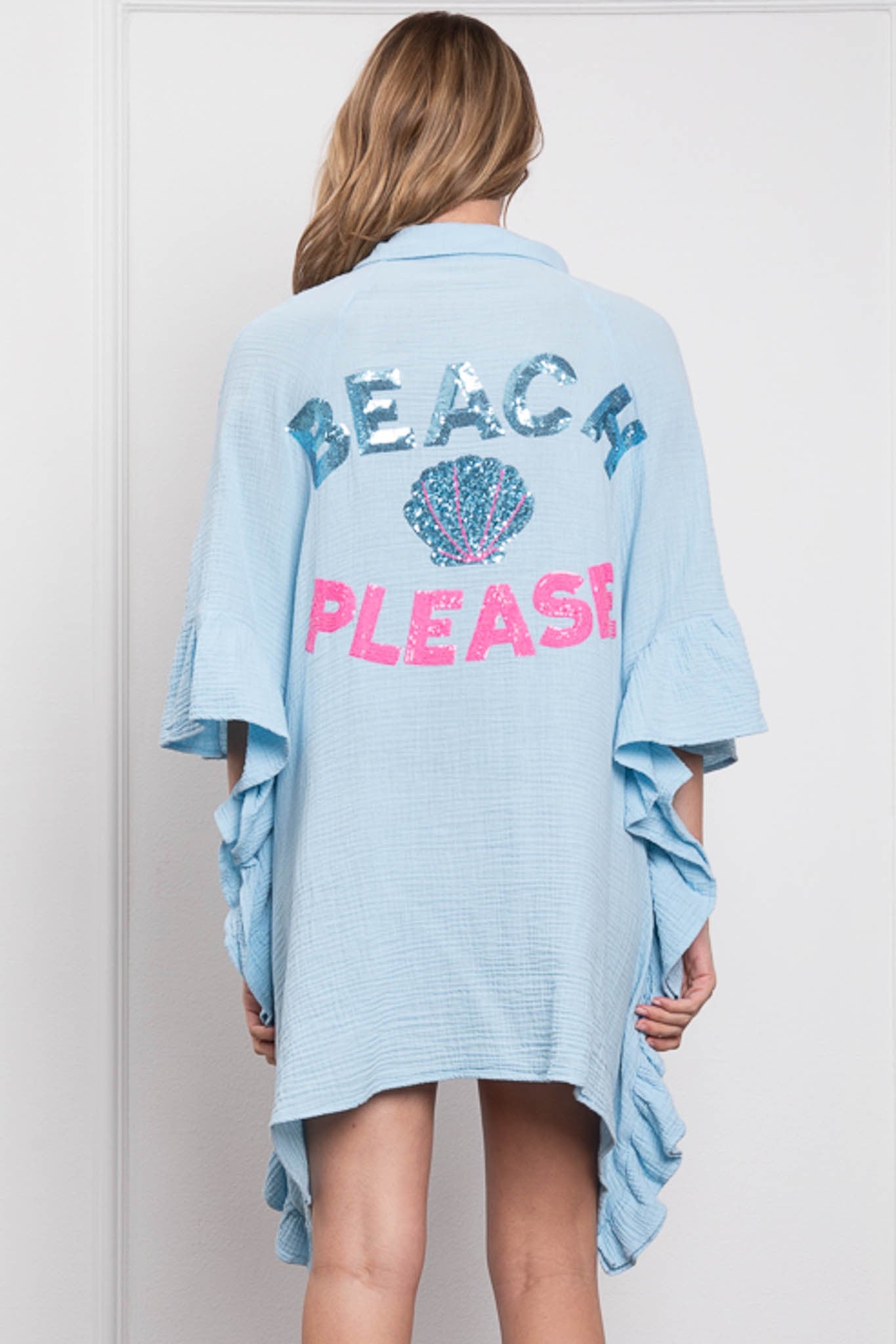 Short Ruffle Sleeve Detail Button Down Shirt