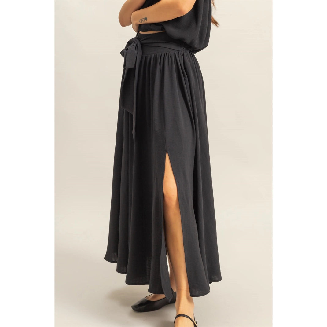 Front Tie Bow Smocked Back Flowy Skirt