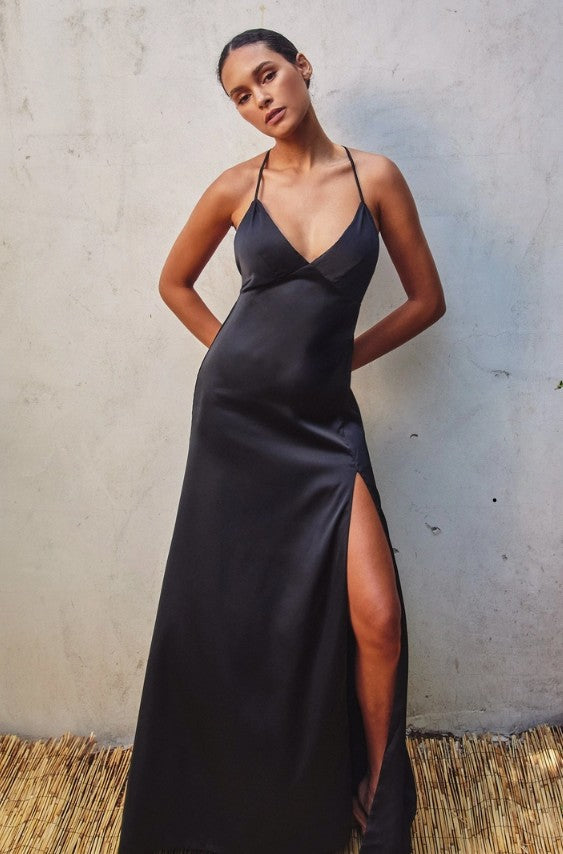 Dull Satin Open Back Plunging Maxi Dress