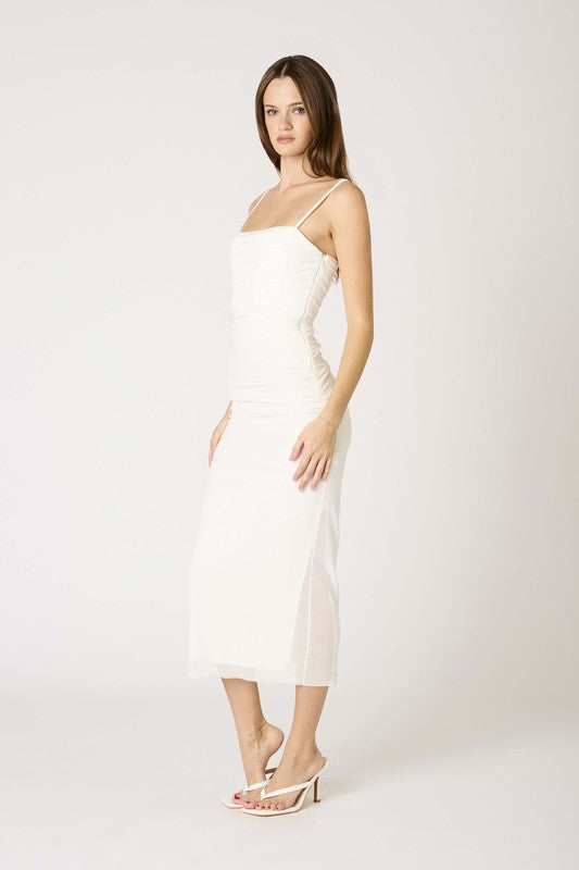 Mesh Midi Dress With Ruched Detail