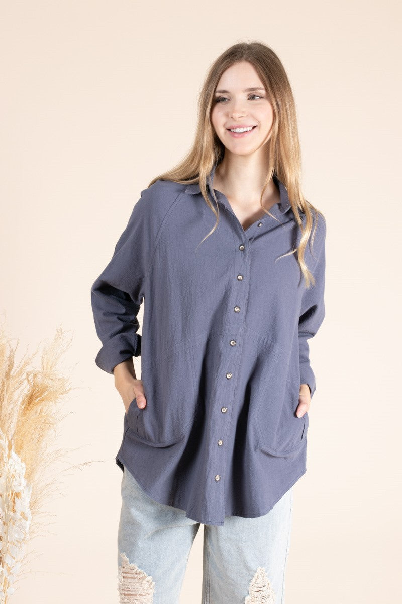 Gauze Solid Collar Button Down Blouse