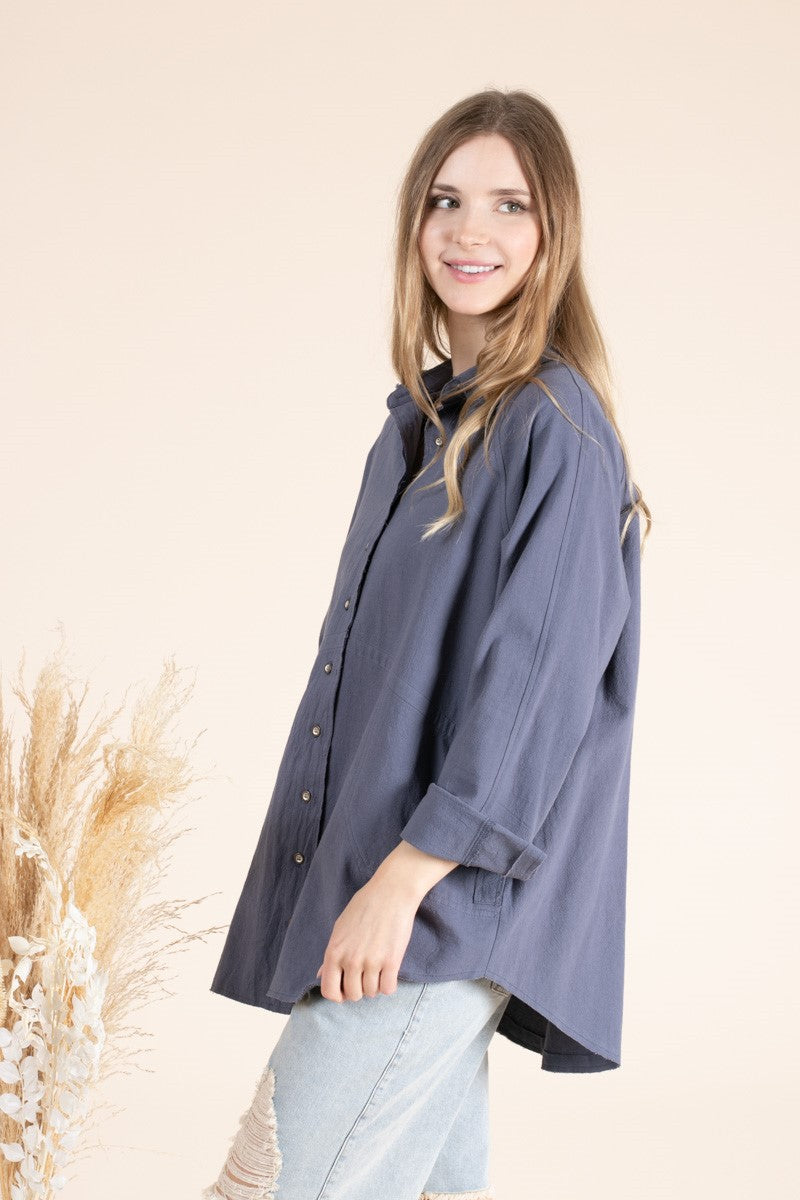 Gauze Solid Collar Button Down Blouse