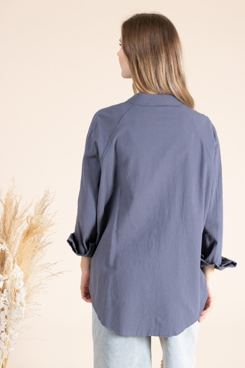 Gauze Solid Collar Button Down Blouse