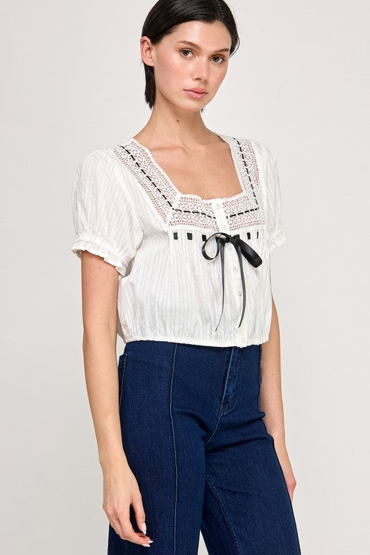 Blouse With Lace Bow Trim