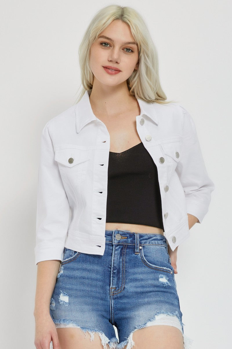 Shirring Sleeve Crop Denim Jacket
