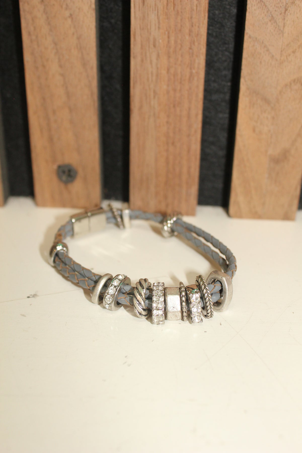 Braided Gray Leather & Crystal Charm Bracelet