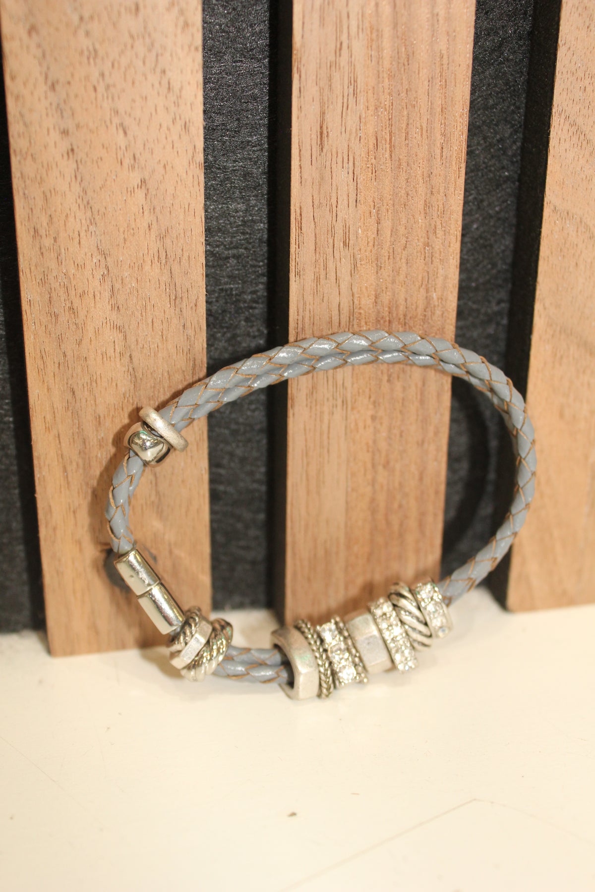 Braided Gray Leather & Crystal Charm Bracelet