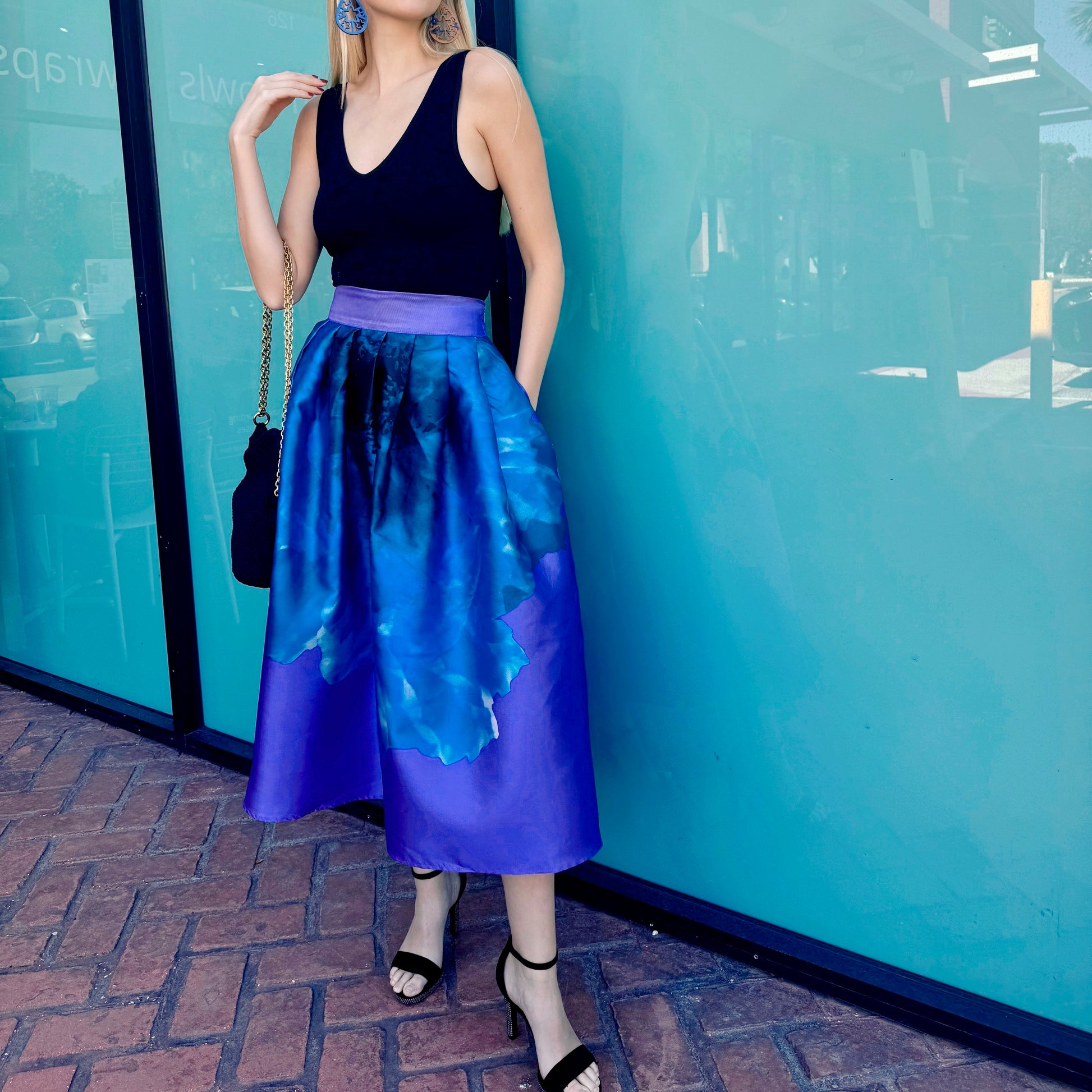 High Waist Floral Print Flare Midi Skirt | PURPLE