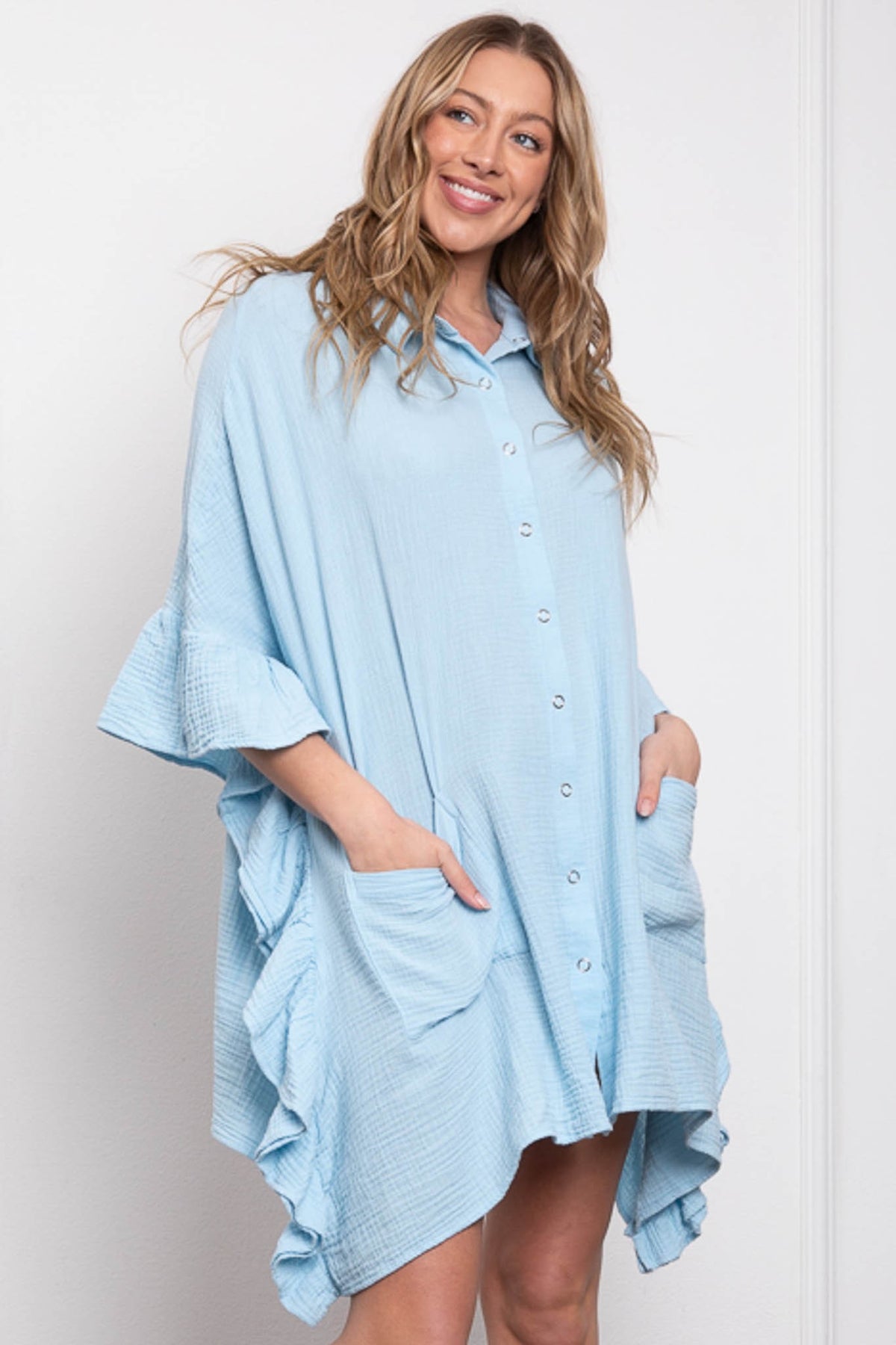 Short Ruffle Sleeve Detail Button Down Shirt