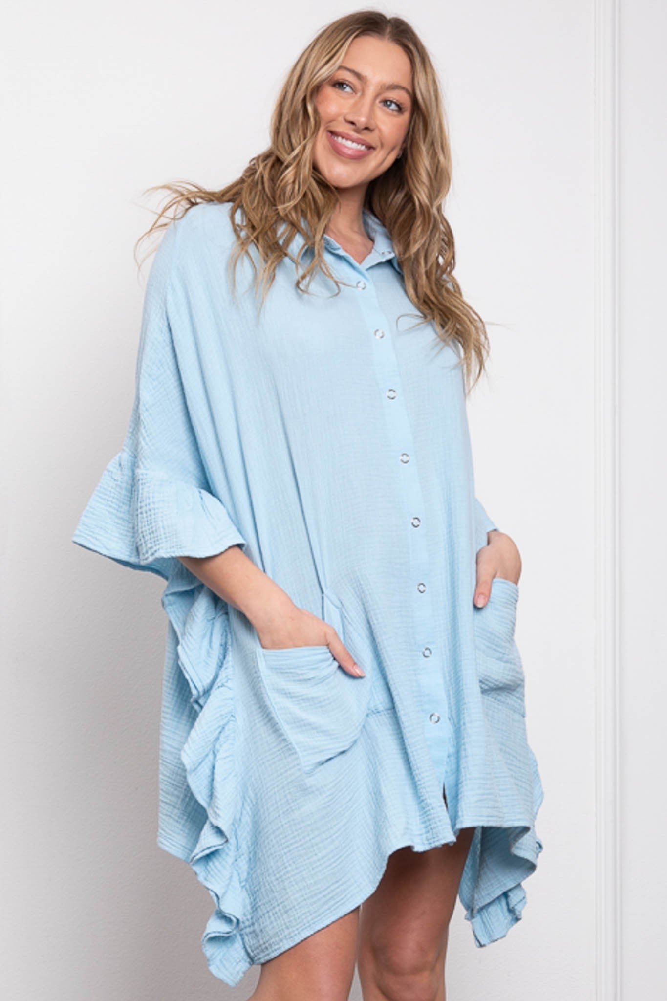 Short Ruffle Sleeve Detail Button Down Shirt