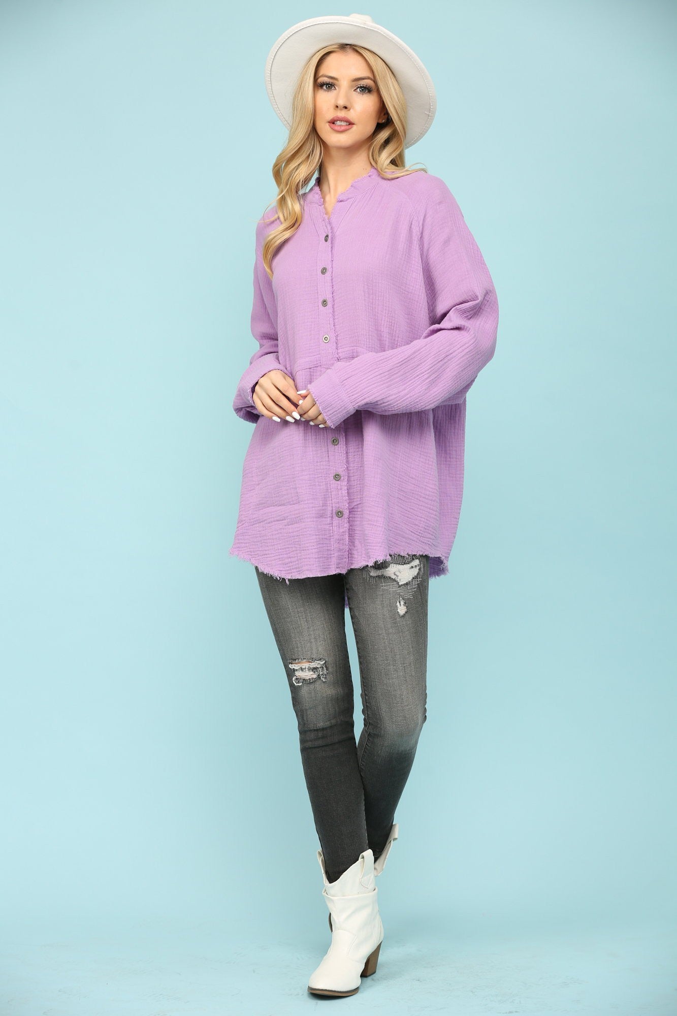 Gauze Washed Button Down Pocket Top