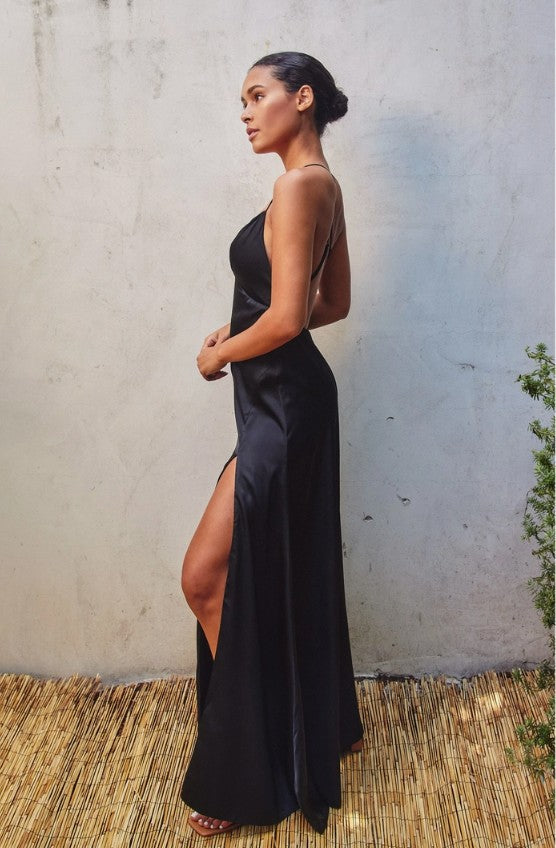 Dull Satin Open Back Plunging Maxi Dress