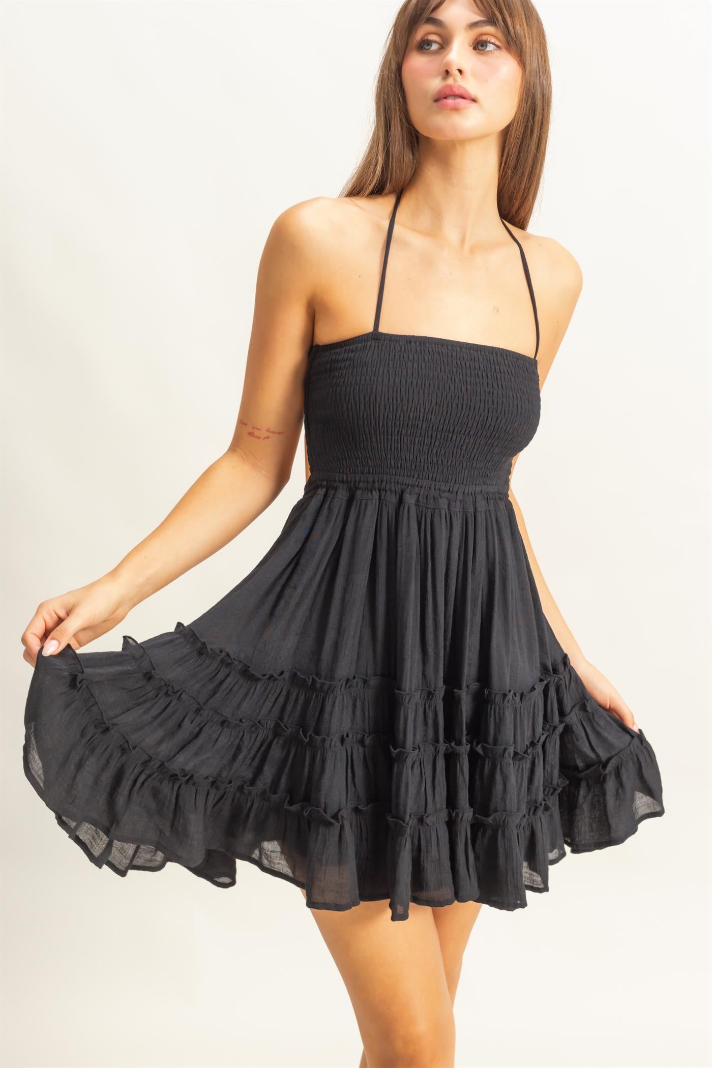 Smocked Halter Neck Tiered Mini Dress