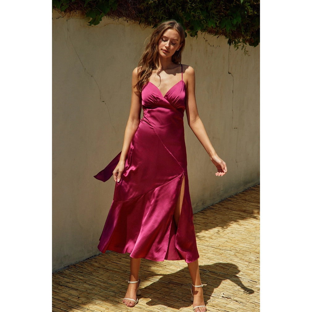 Satin Tie-Back Slit Midi Dress