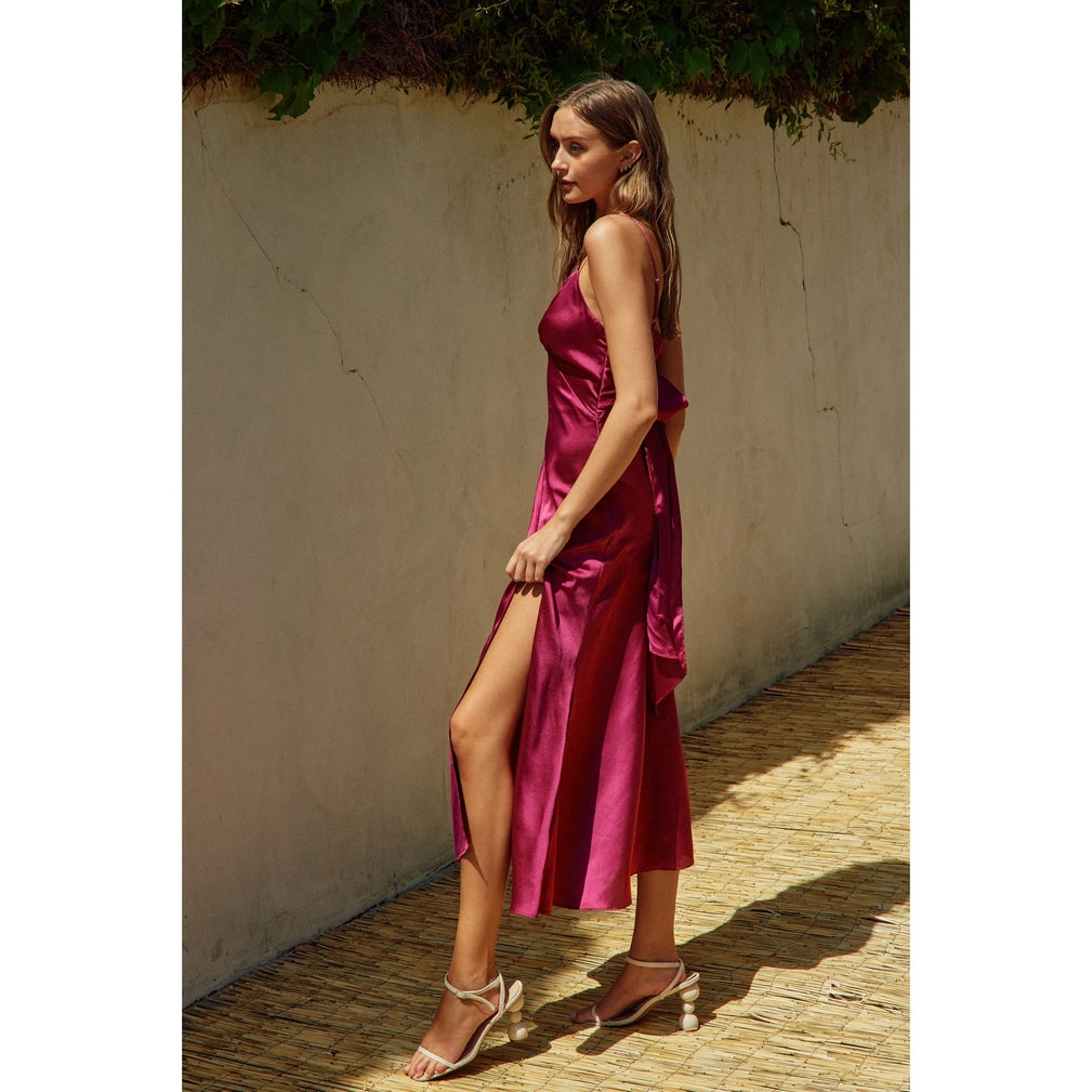 Satin Tie-Back Slit Midi Dress