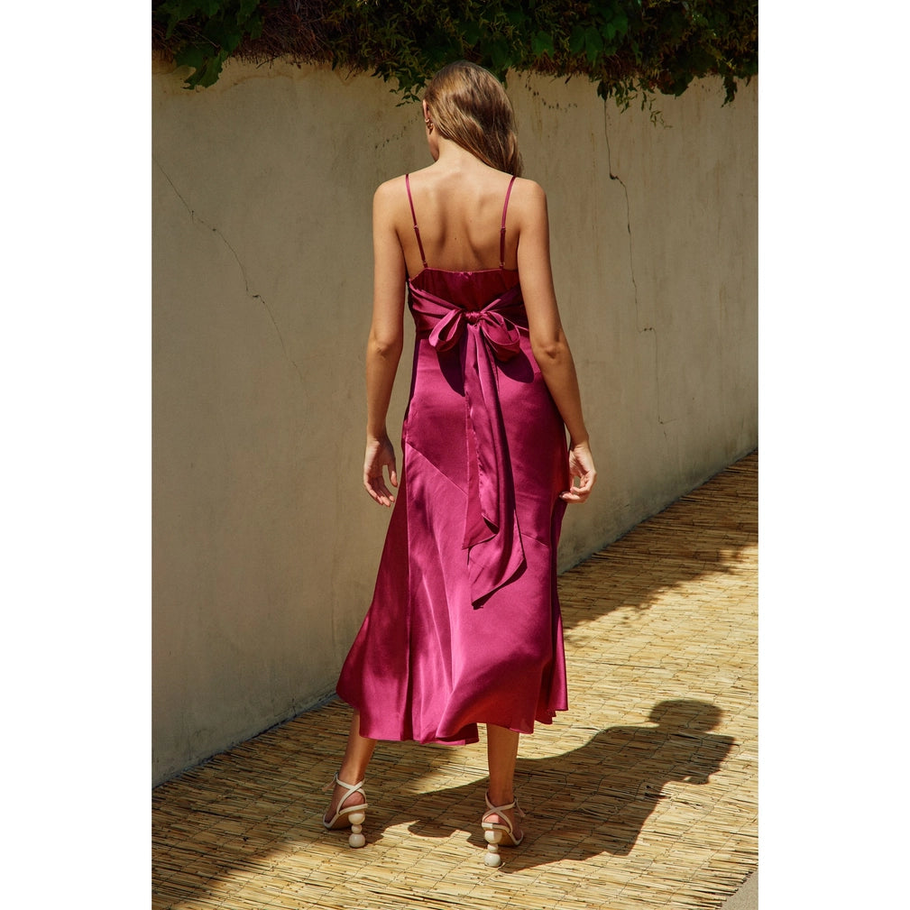 Satin Tie-Back Slit Midi Dress