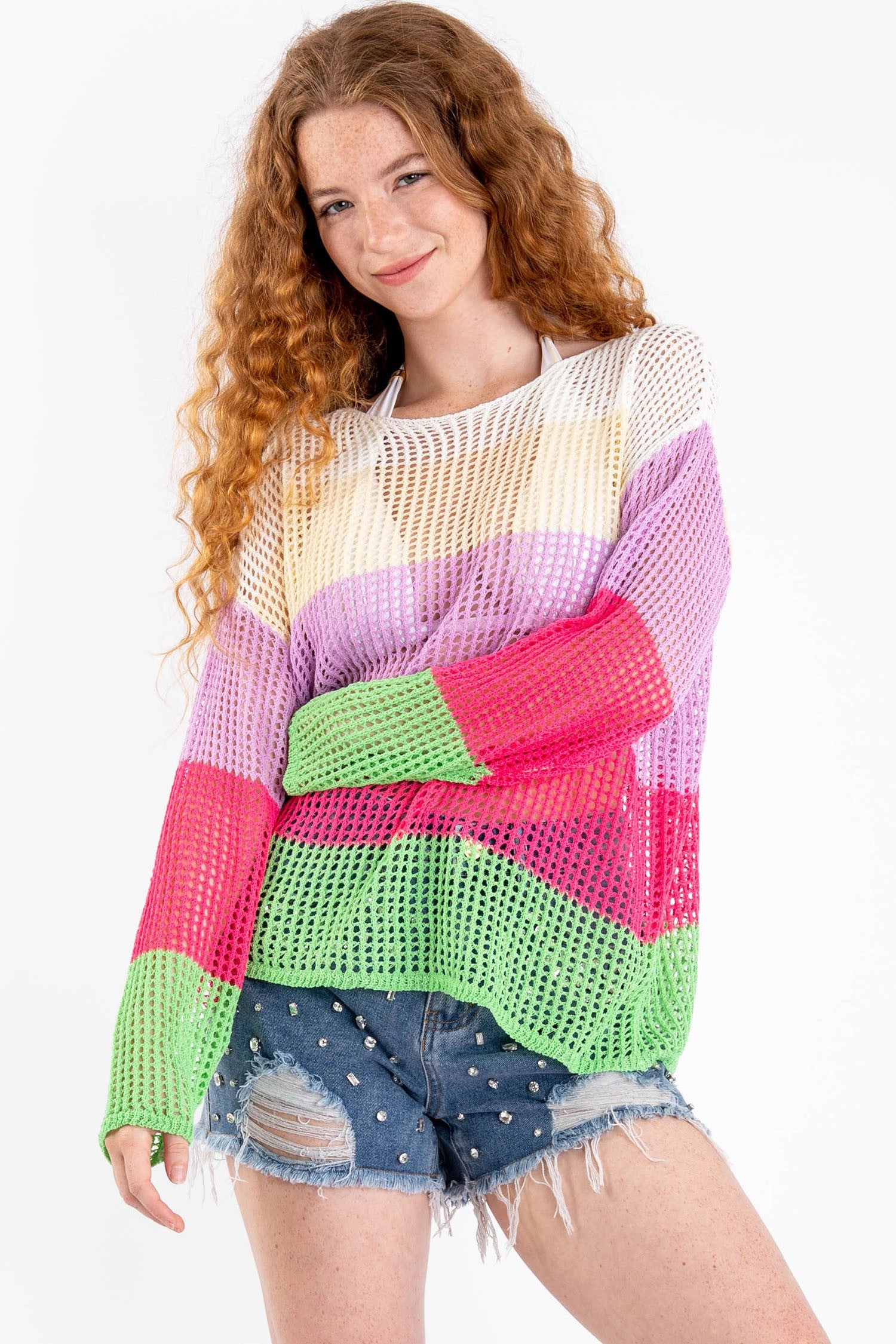 Color Block Knit Boho Drop Shoulder Jumper Top