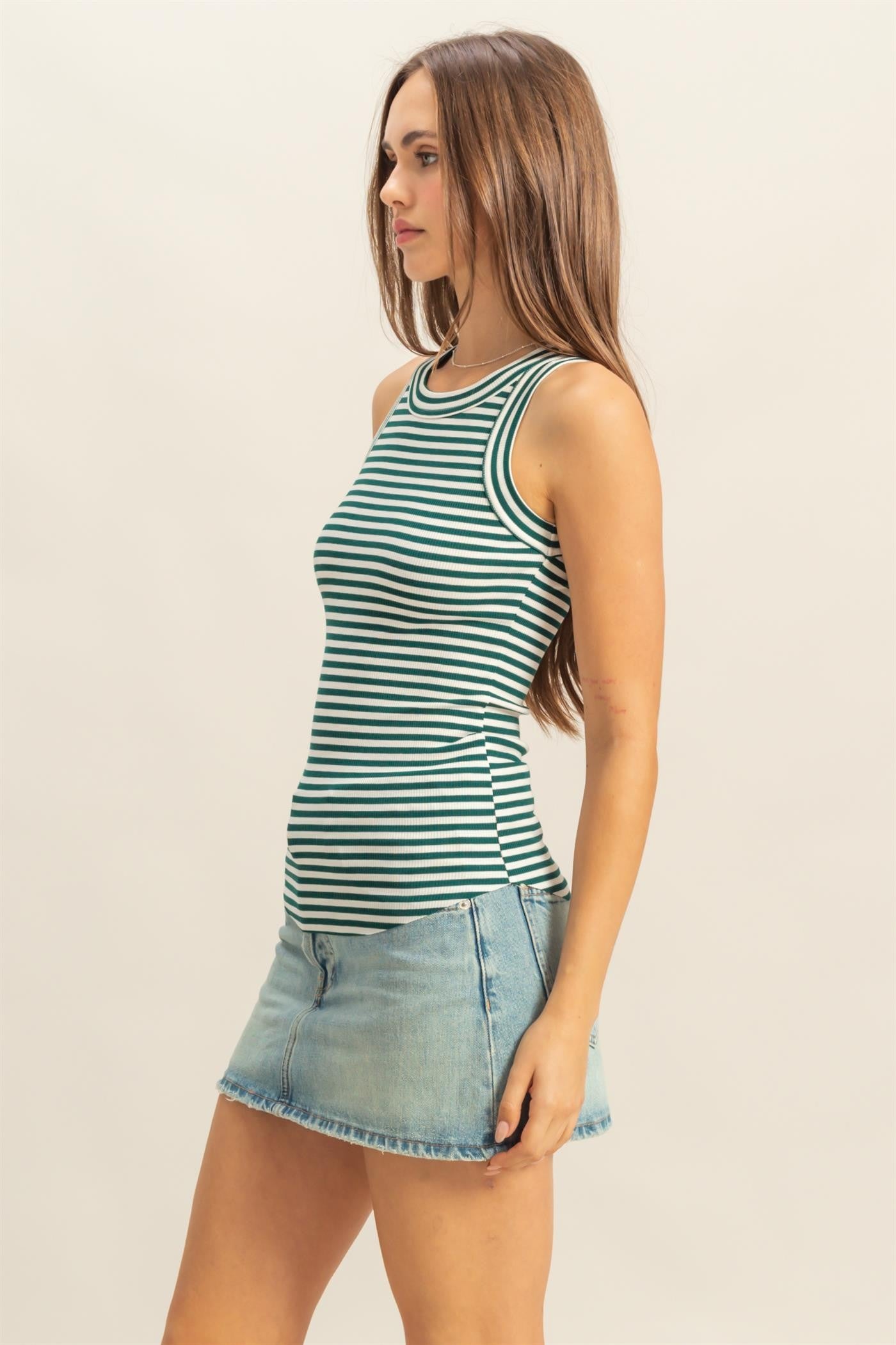 Green Striped Fitted Tank Top
