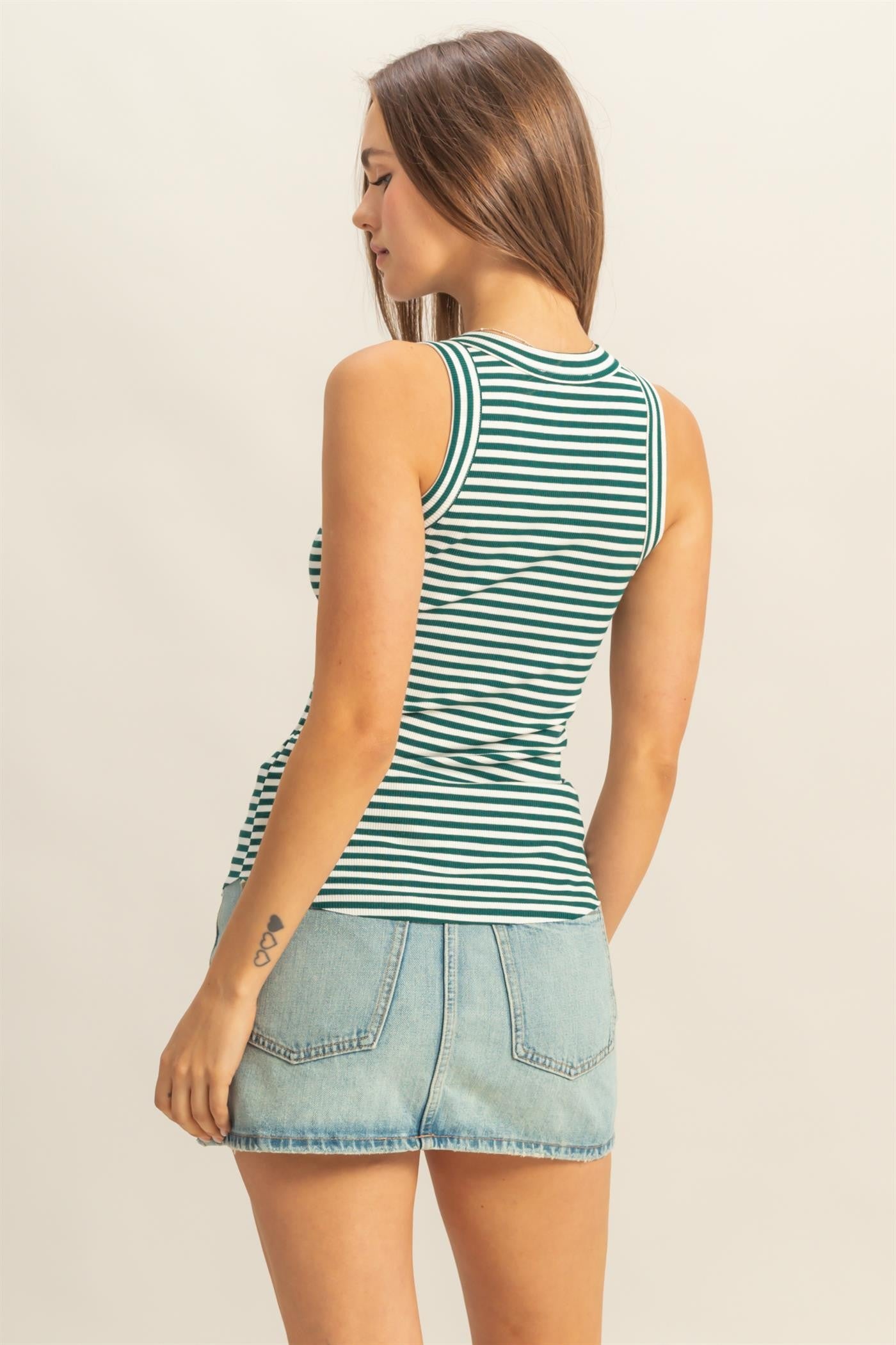 Green Striped Fitted Tank Top