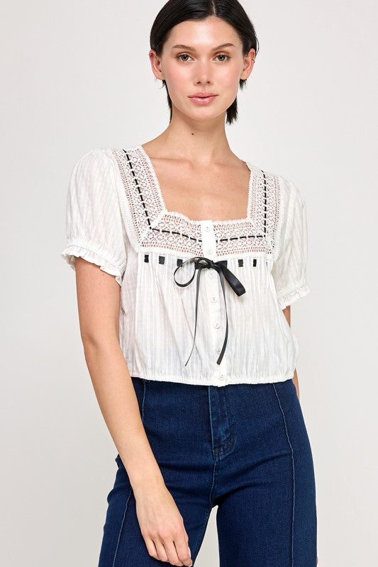 Blouse With Lace Bow Trim