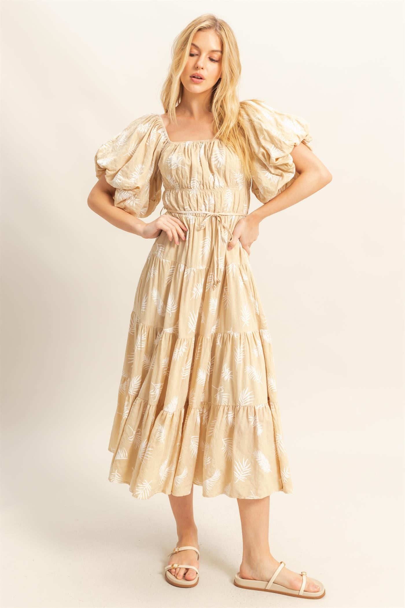 Leaf Print Puff Sleeve Tiered Midi Dress