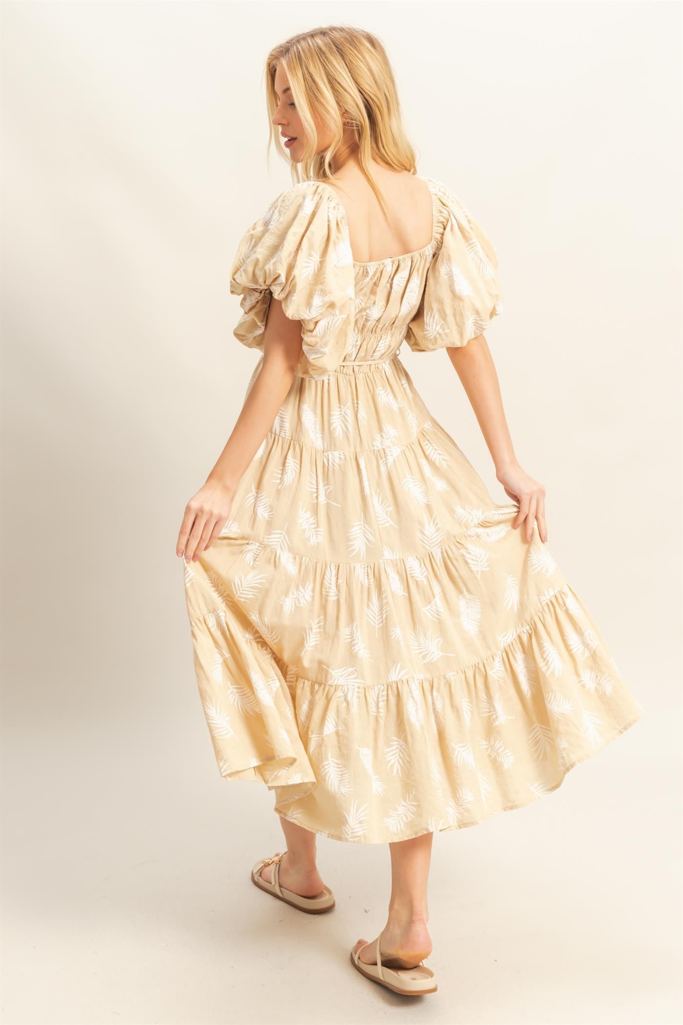 Leaf Print Puff Sleeve Tiered Midi Dress