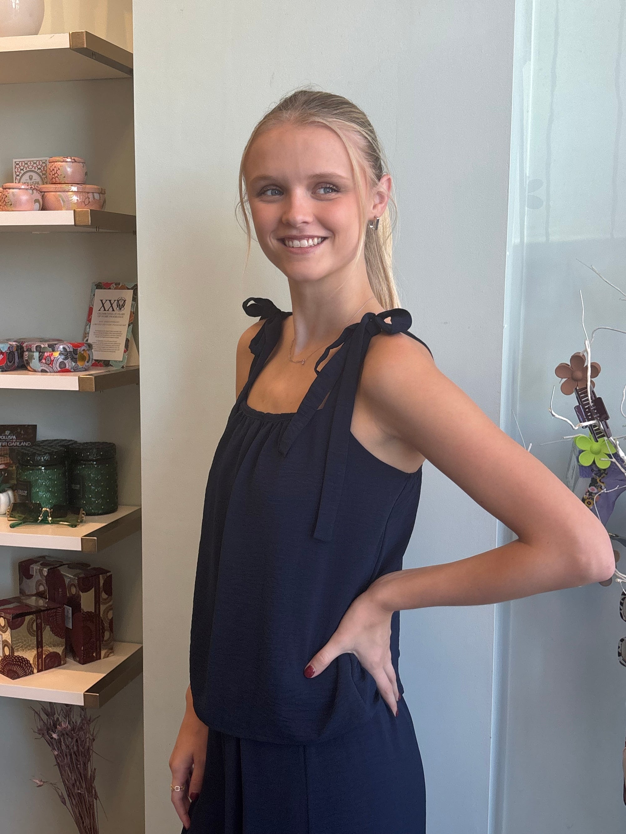 Matte Crepe Tie Shoulder Top