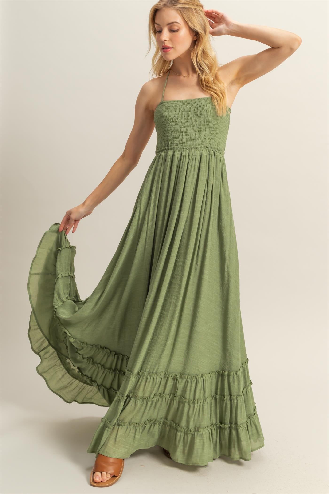 Halter Neck Smocked Tiered Hem Maxi Dress
