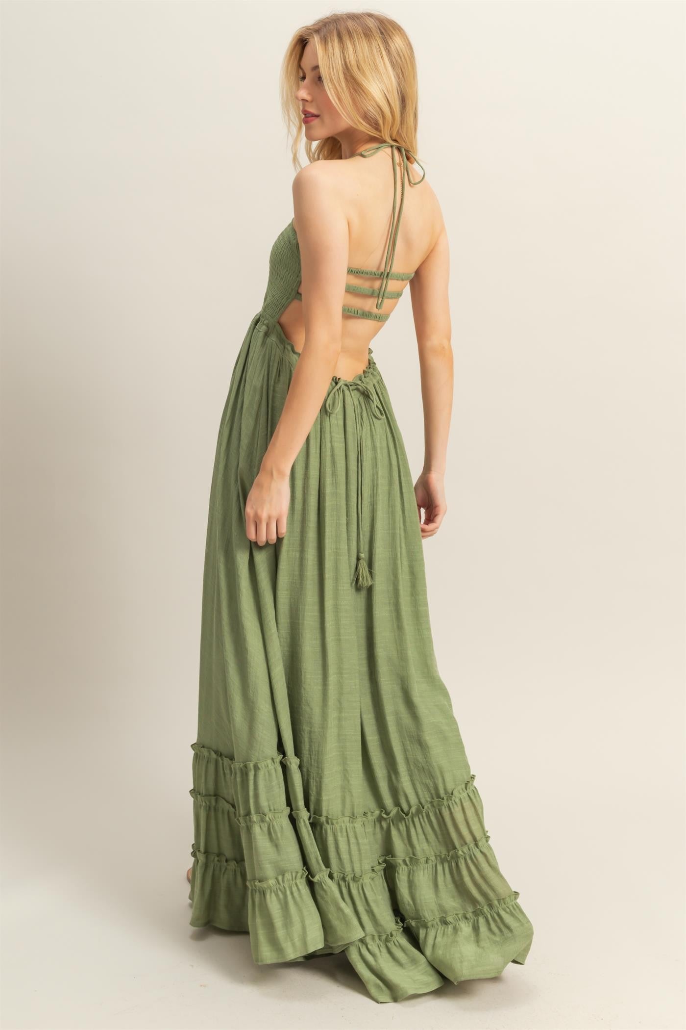 Halter Neck Smocked Tiered Hem Maxi Dress